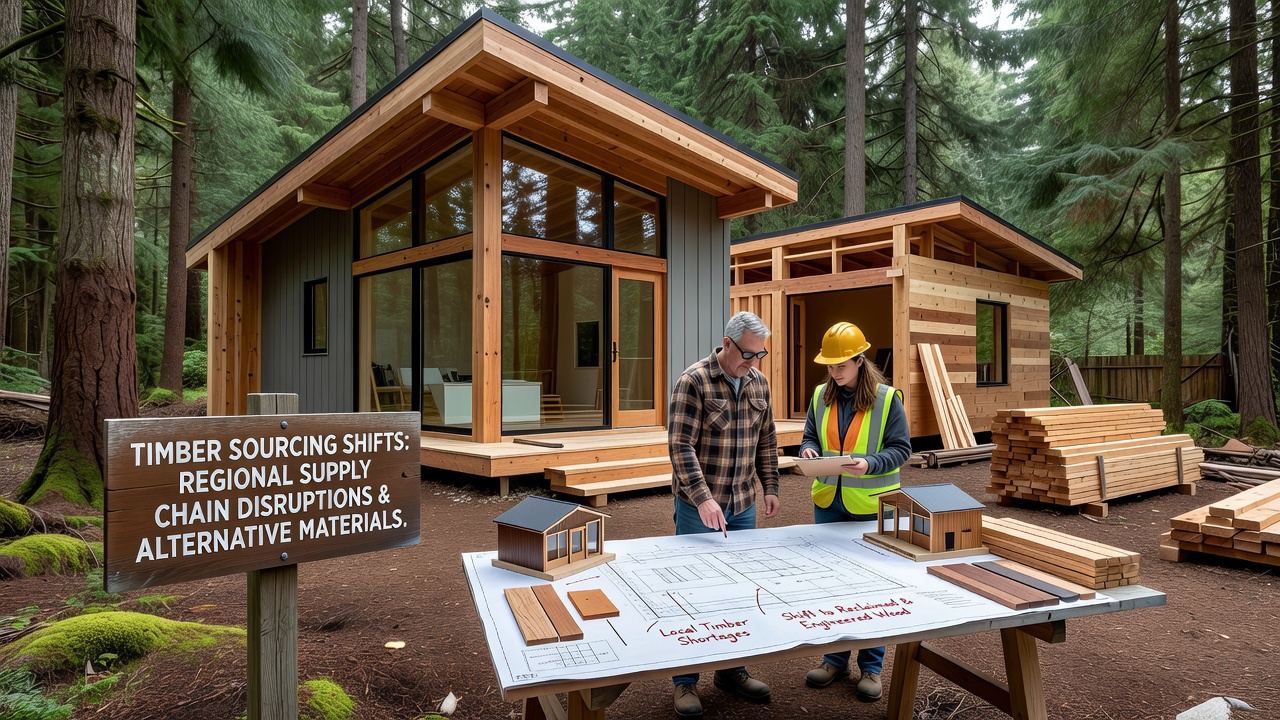 Builder reviewing timber delivery logs at a compact forest dwelling site with network data tablet in hand