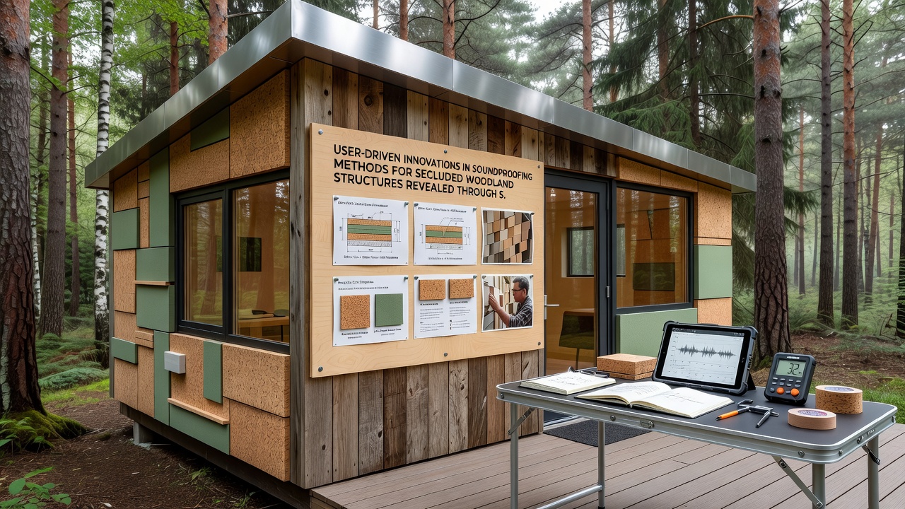 Interior view of a secluded woodland structure featuring user-developed ceiling and wall soundproofing layers with visible material interfaces